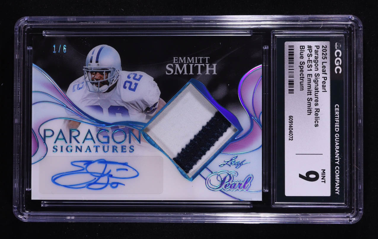 Emmitt Smith 2025 Leaf Pearl Paragon Signature Relics Blue Spectrum #PSES1 #1/6 (CGC 9) at PristineAuction.com Emmitt Smith 2025 Leaf Pearl Paragon Signature Relics Blue Spectrum #PSES1 #1/6 (CGC 9) at PristineAuction.com