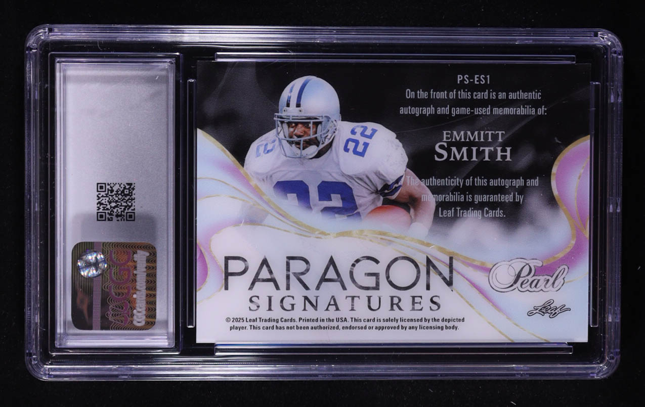 Emmitt Smith 2025 Leaf Pearl Paragon Signature Relics Blue Spectrum #PSES1 #1/6 (CGC 9) at PristineAuction.com Emmitt Smith 2025 Leaf Pearl Paragon Signature Relics Blue Spectrum #PSES1 #1/6 (CGC 9) at PristineAuction.com