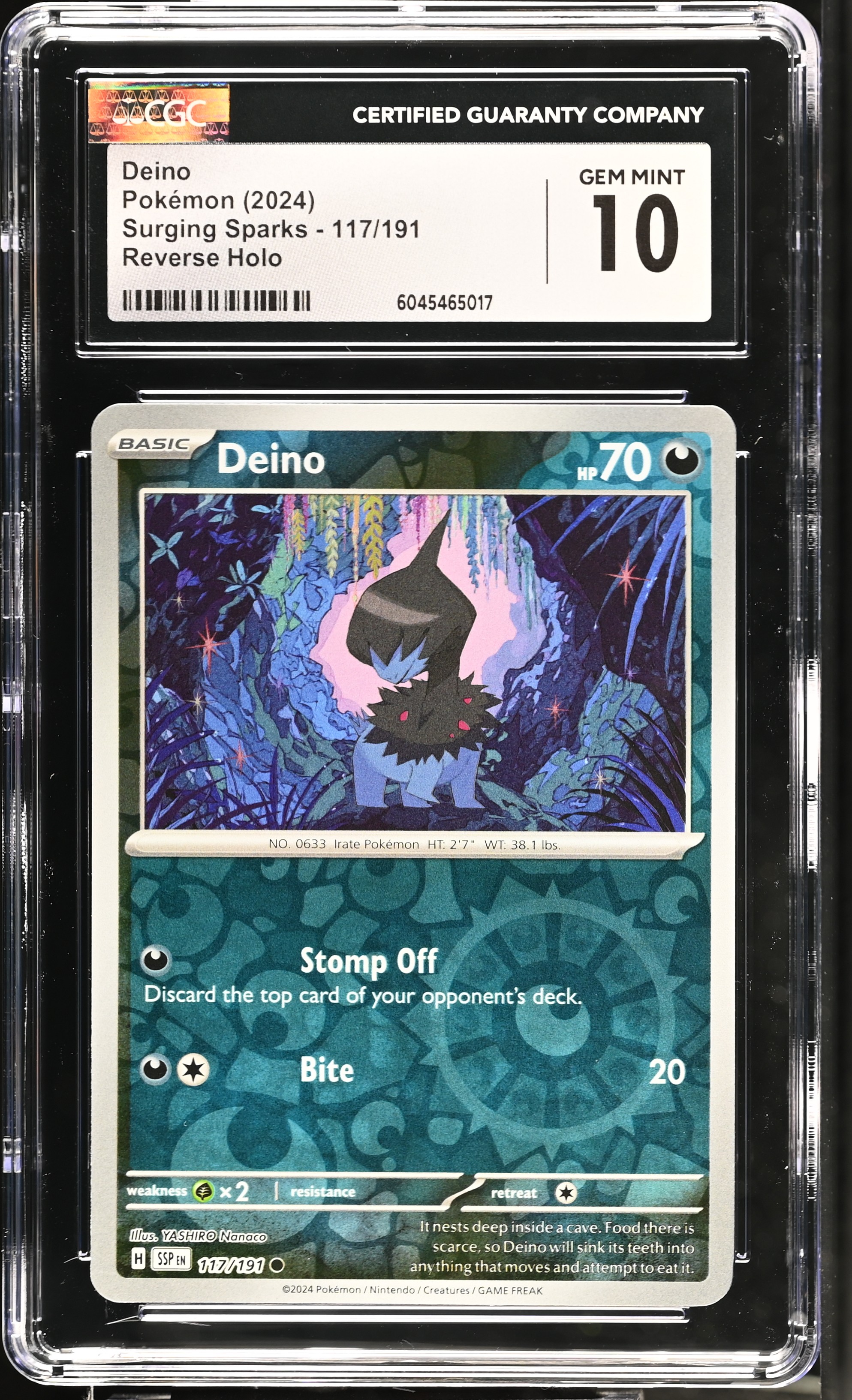 Deino 2024 Pokemon Surging Sparks #117/191 (CGC 10) at PristineAuction.com Deino 2024 Pokemon Surging Sparks #117/191 (CGC 10) at PristineAuction.com