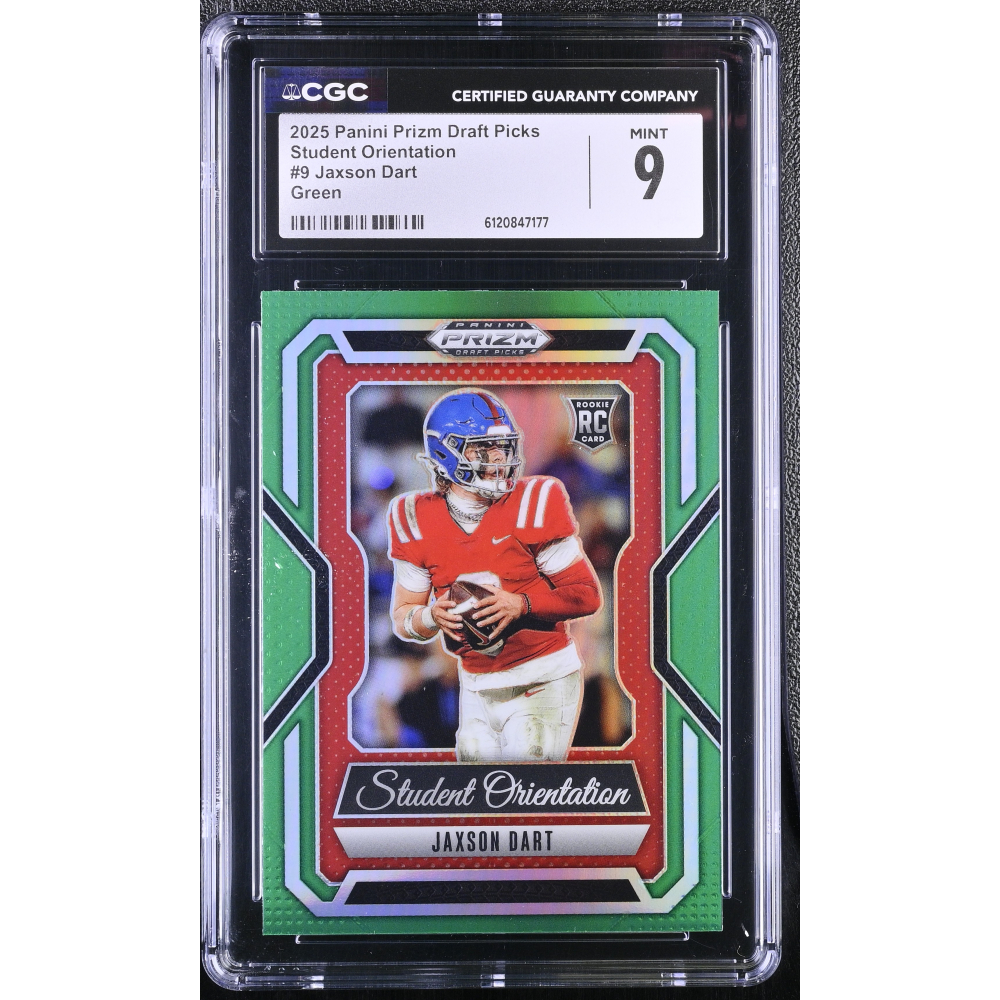 Jaxson Dart 2025 Panini Prizm Draft Picks Student Orientation Green #9 RC (CGC 9) at PristineAuction.com