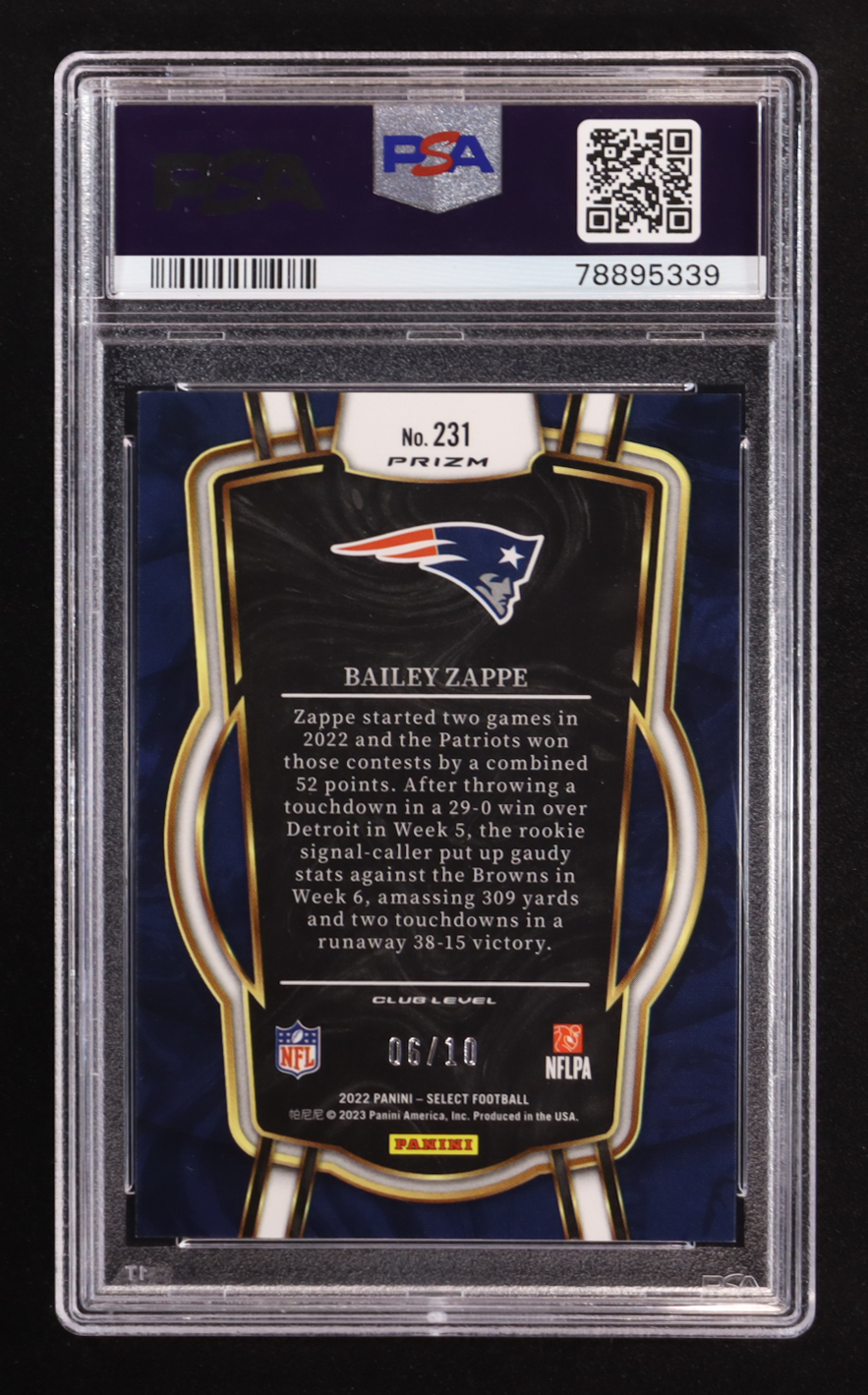 Bailey Zappe 2022 Select Prizm Gold #231 #06/10 RC (PSA 9) at PristineAuction.com Bailey Zappe 2022 Select Prizm Gold #231 #06/10 RC (PSA 9) at PristineAuction.com