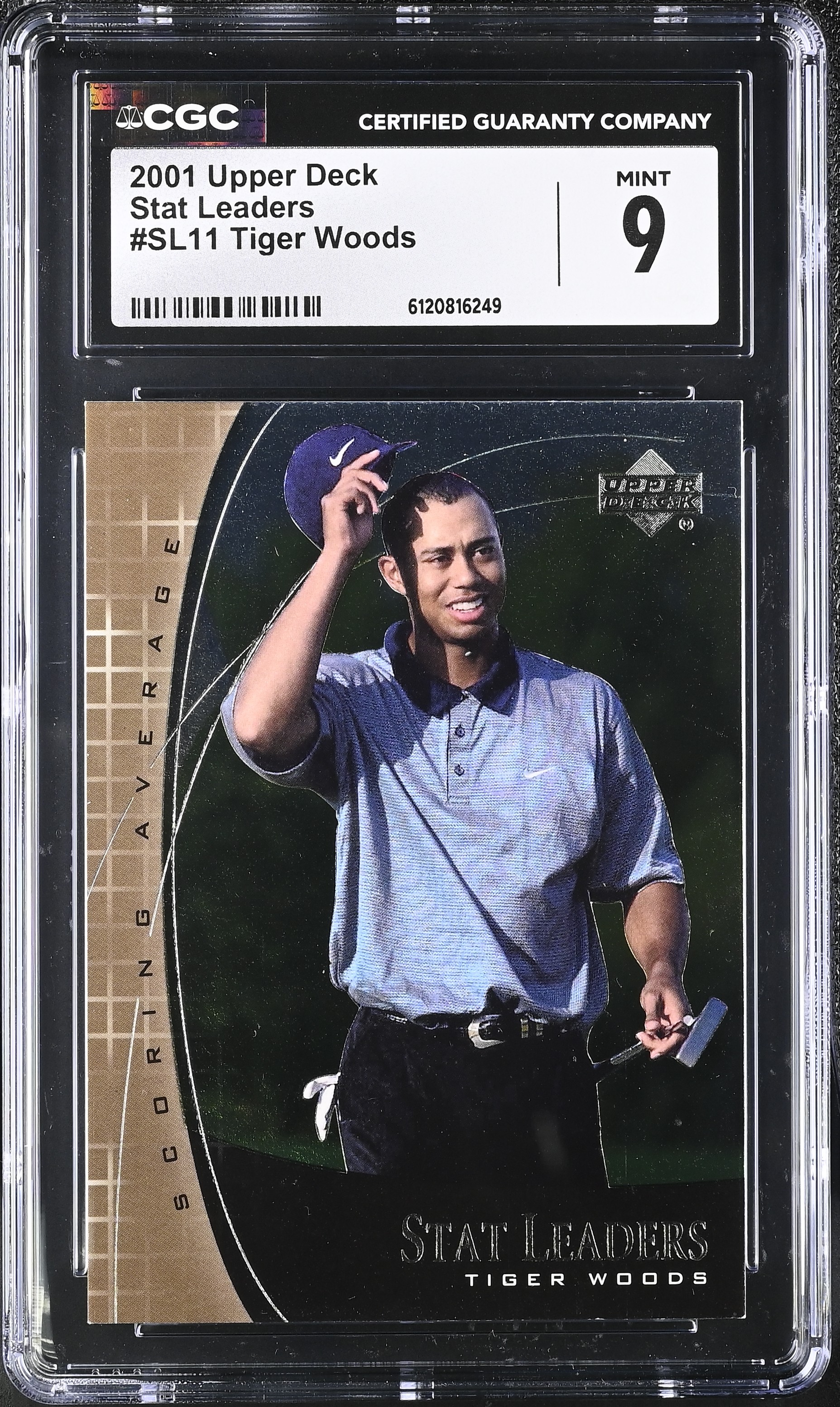 Tiger Woods 2001 Upper Deck Stat Leaders #SL11 (CGC 9) at PristineAuction.com Tiger Woods 2001 Upper Deck Stat Leaders #SL11 (CGC 9) at PristineAuction.com