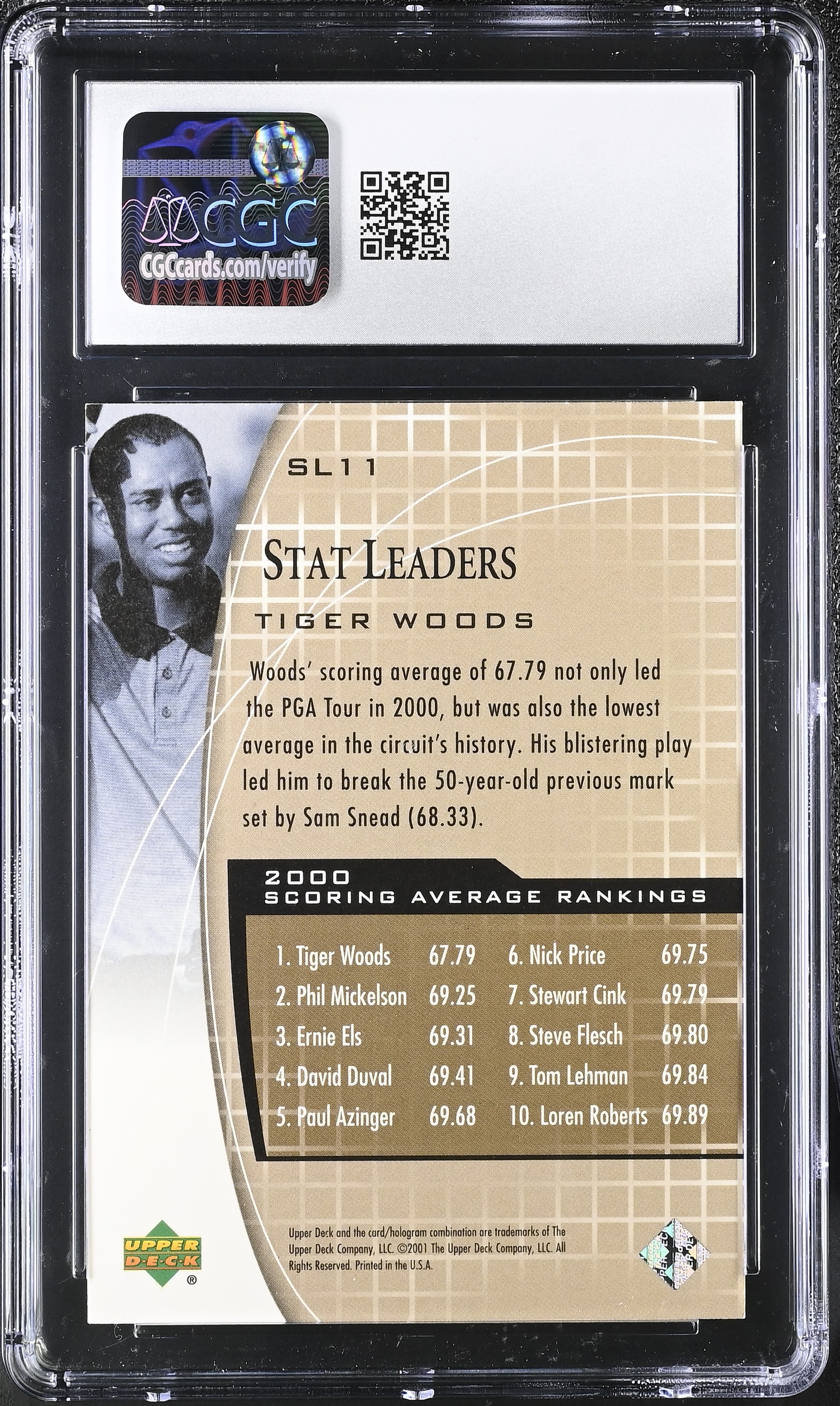 Tiger Woods 2001 Upper Deck Stat Leaders #SL11 (CGC 9) at PristineAuction.com Tiger Woods 2001 Upper Deck Stat Leaders #SL11 (CGC 9) at PristineAuction.com