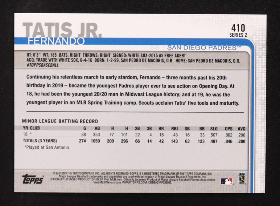 Fernando Tatis Jr. 2019 Topps #410 RC at PristineAuction.com Fernando Tatis Jr. 2019 Topps #410 RC at PristineAuction.com