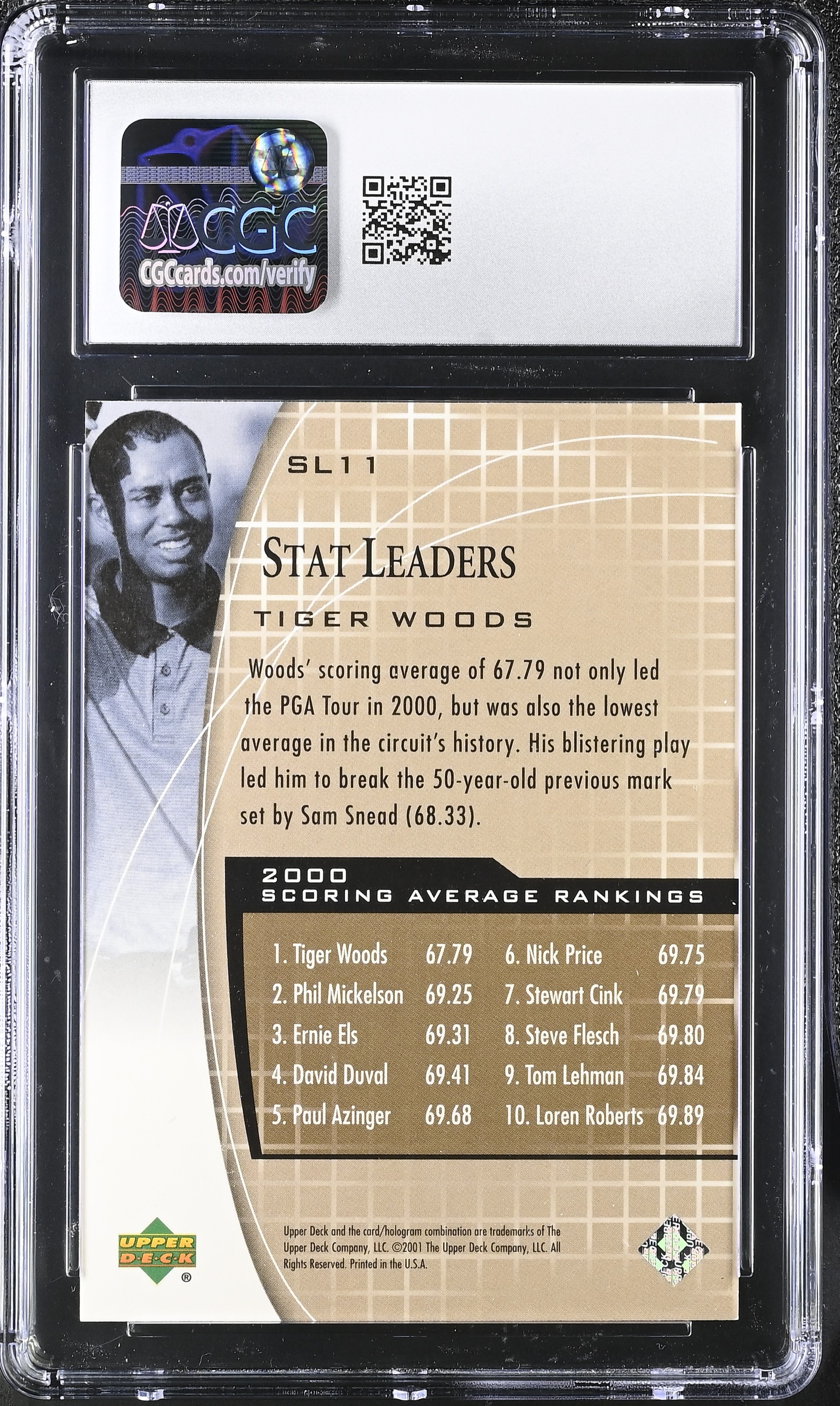 Tiger Woods 2001 Upper Deck Stat Leaders #SL11 (CGC 10) at PristineAuction.com Tiger Woods 2001 Upper Deck Stat Leaders #SL11 (CGC 10) at PristineAuction.com
