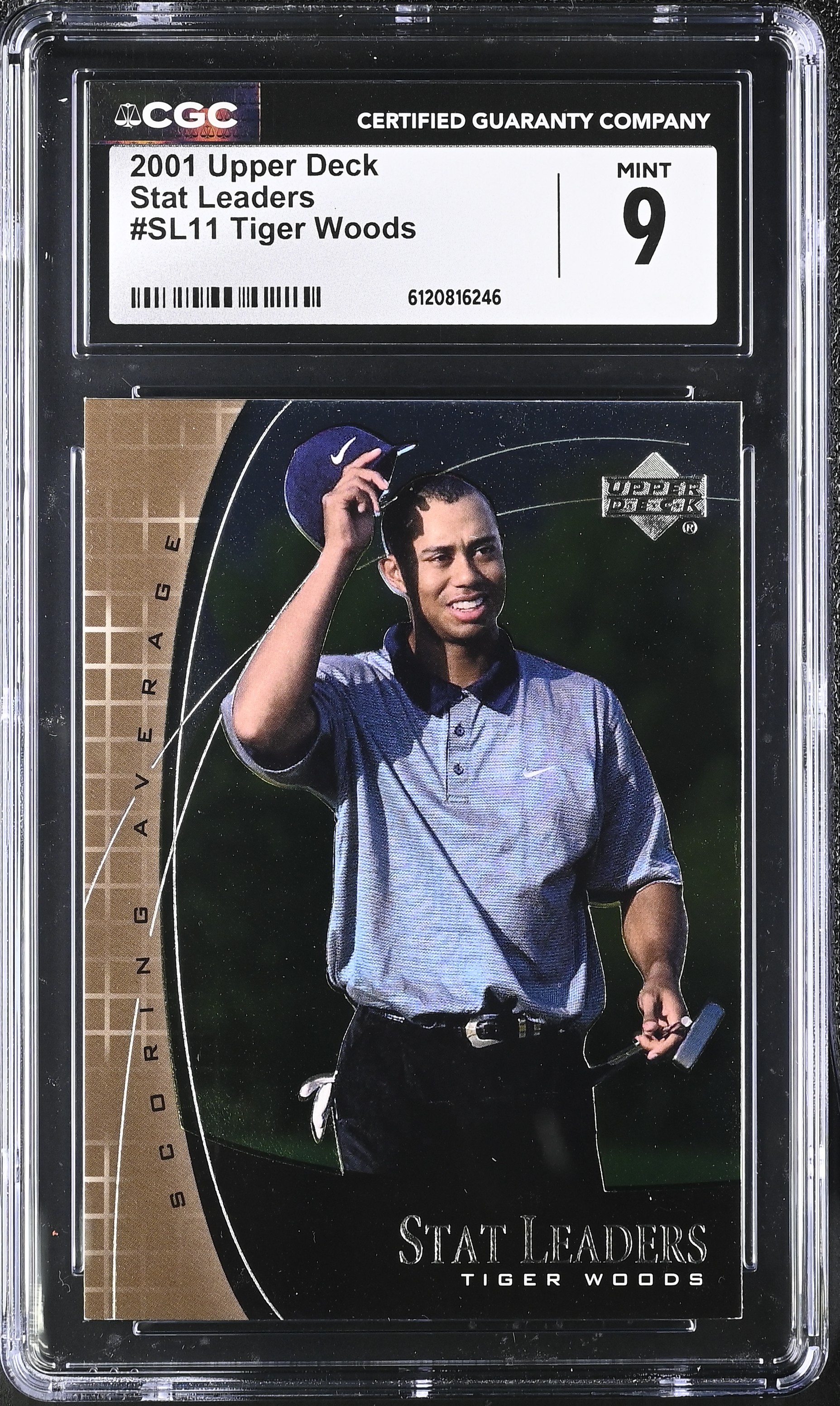 Tiger Woods 2001 Upper Deck Stat Leaders #SL11 (CGC 9) at PristineAuction.com Tiger Woods 2001 Upper Deck Stat Leaders #SL11 (CGC 9) at PristineAuction.com