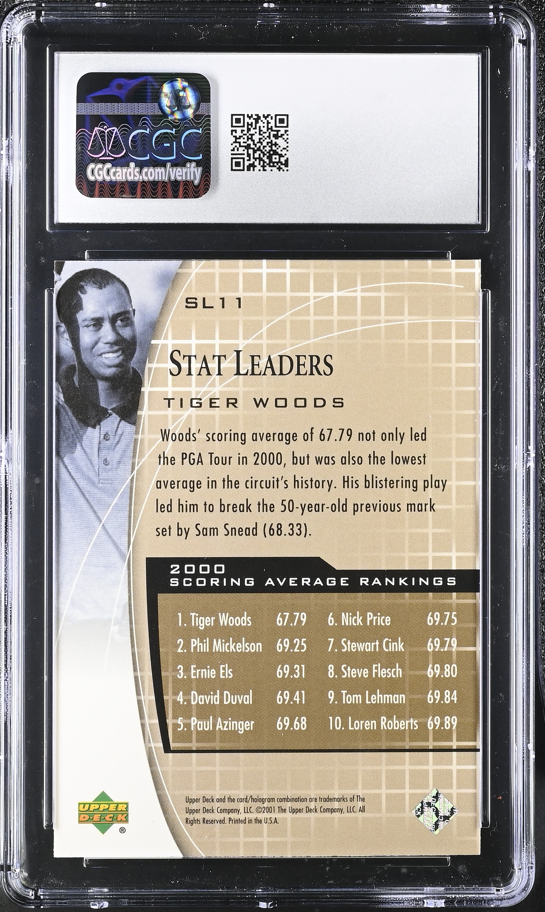 Tiger Woods 2001 Upper Deck Stat Leaders #SL11 (CGC 9) at PristineAuction.com Tiger Woods 2001 Upper Deck Stat Leaders #SL11 (CGC 9) at PristineAuction.com