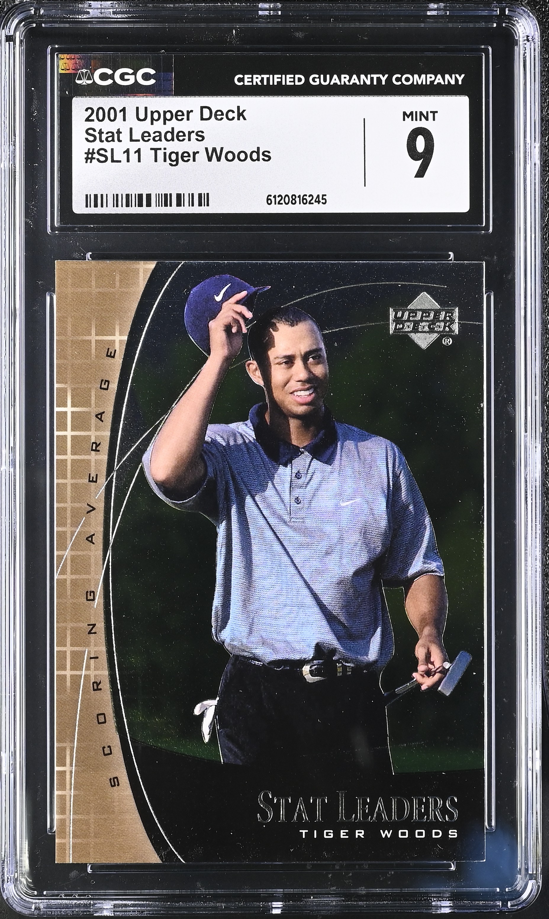 Tiger Woods 2001 Upper Deck Stat Leaders #SL11 (CGC 9) at PristineAuction.com Tiger Woods 2001 Upper Deck Stat Leaders #SL11 (CGC 9) at PristineAuction.com