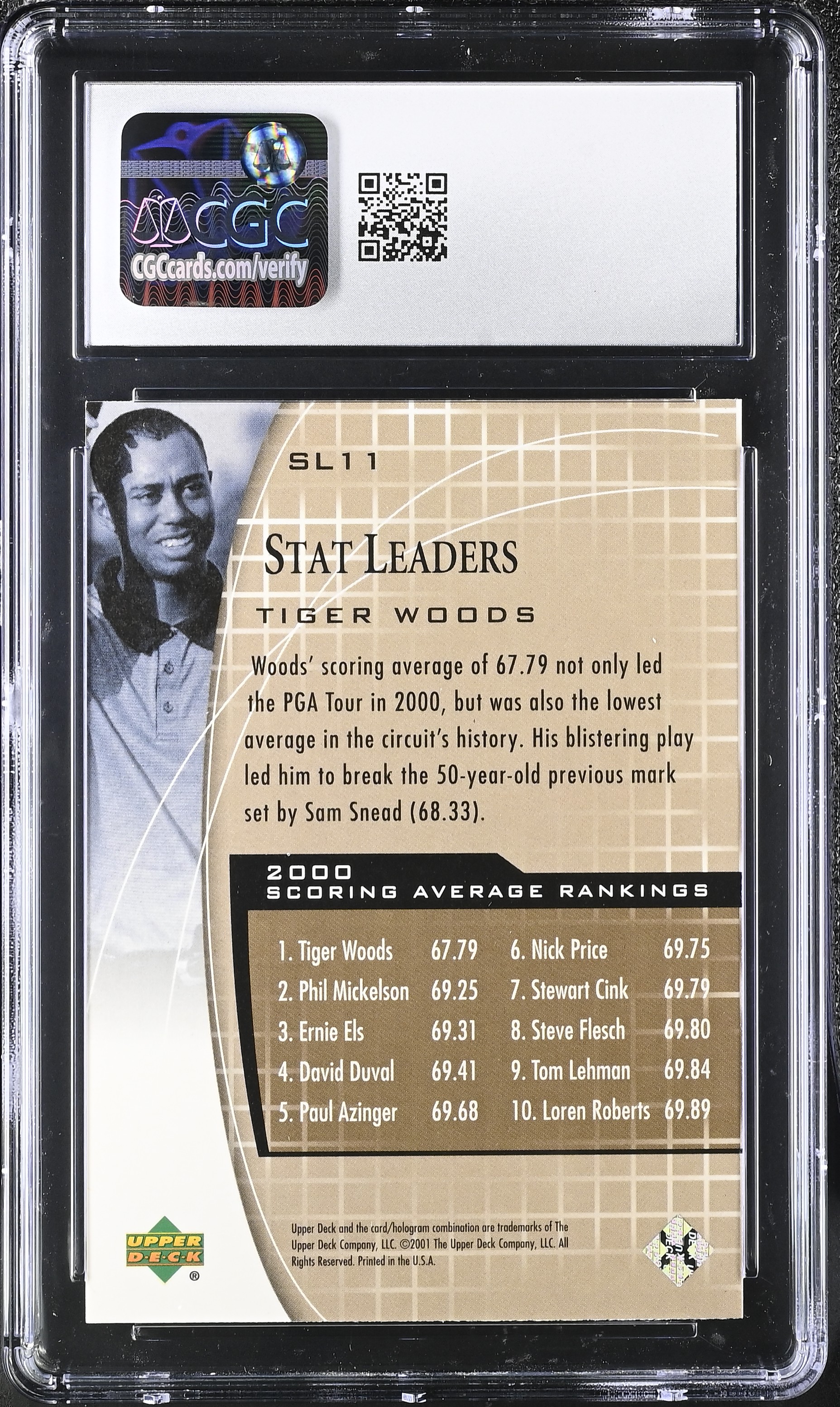 Tiger Woods 2001 Upper Deck Stat Leaders #SL11 (CGC 9) at PristineAuction.com Tiger Woods 2001 Upper Deck Stat Leaders #SL11 (CGC 9) at PristineAuction.com