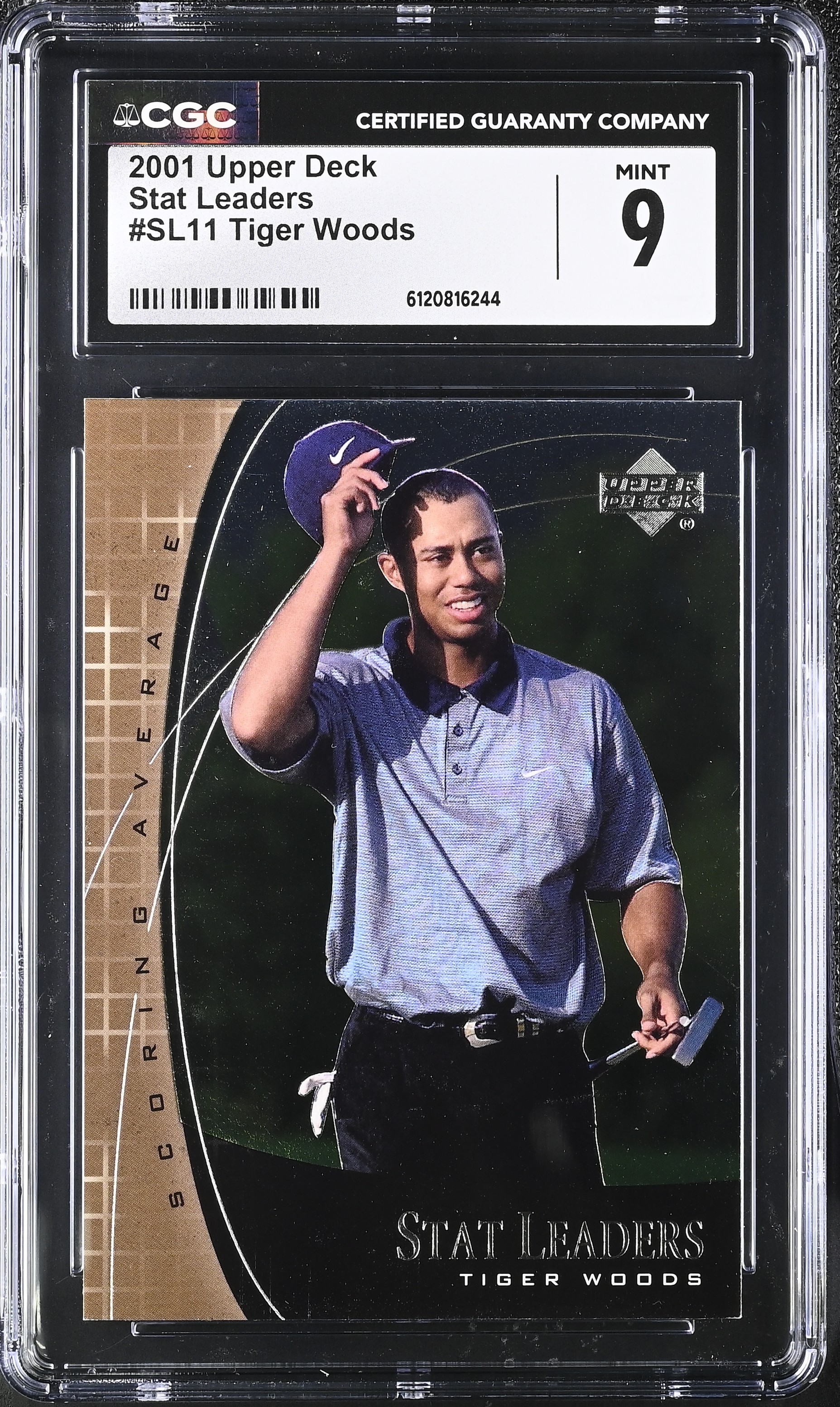 Tiger Woods 2001 Upper Deck Stat Leaders #SL11 (CGC 9) at PristineAuction.com Tiger Woods 2001 Upper Deck Stat Leaders #SL11 (CGC 9) at PristineAuction.com