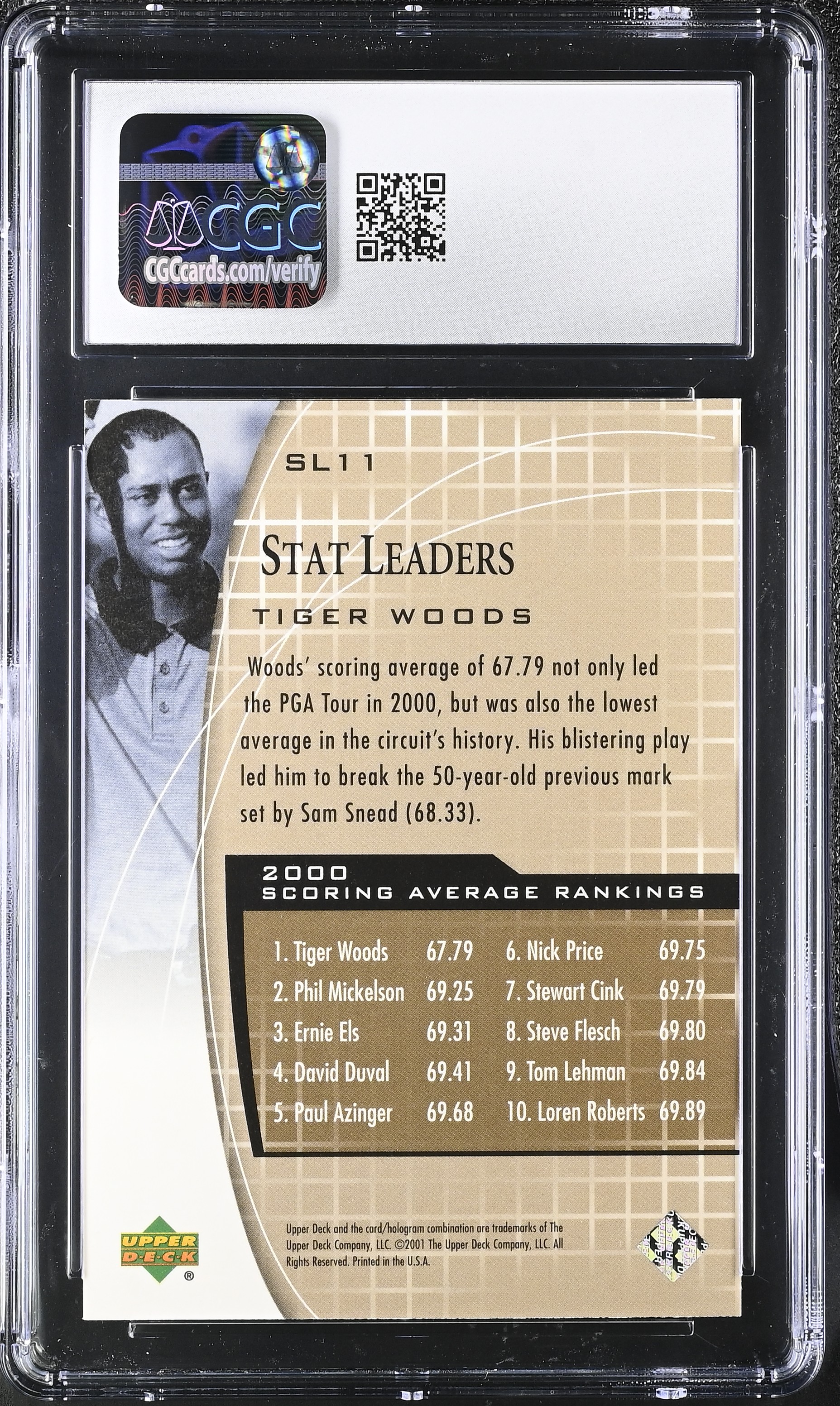 Tiger Woods 2001 Upper Deck Stat Leaders #SL11 (CGC 9) at PristineAuction.com Tiger Woods 2001 Upper Deck Stat Leaders #SL11 (CGC 9) at PristineAuction.com
