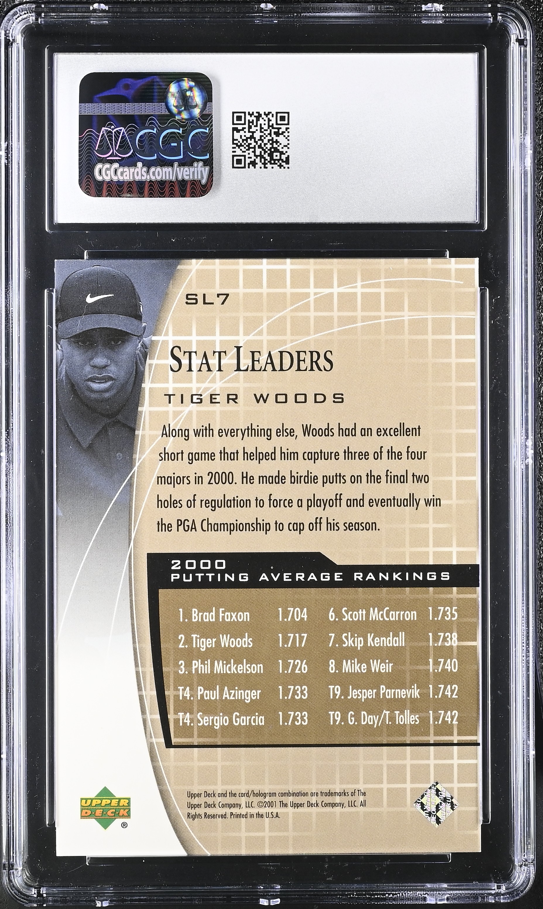 Tiger Woods 2001 Upper Deck Stat Leaders #SL7 (CGC 9) at PristineAuction.com Tiger Woods 2001 Upper Deck Stat Leaders #SL7 (CGC 9) at PristineAuction.com