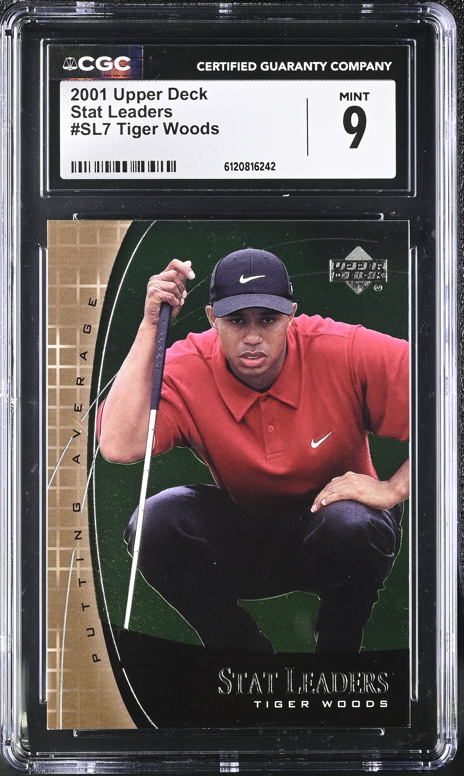 Tiger Woods 2001 Upper Deck Stat Leaders #SL7 (CGC 9) at PristineAuction.com Tiger Woods 2001 Upper Deck Stat Leaders #SL7 (CGC 9) at PristineAuction.com