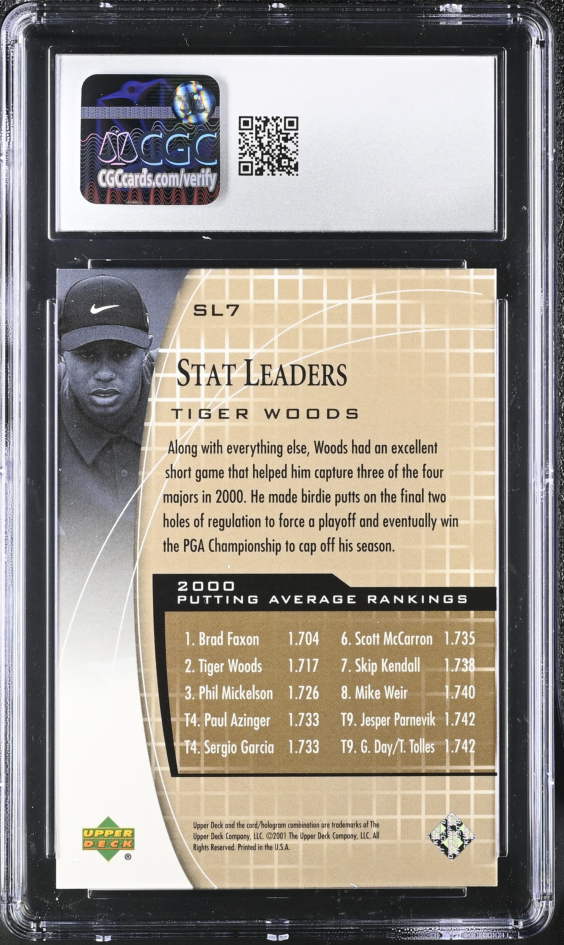 Tiger Woods 2001 Upper Deck Stat Leaders #SL7 (CGC 9) at PristineAuction.com Tiger Woods 2001 Upper Deck Stat Leaders #SL7 (CGC 9) at PristineAuction.com