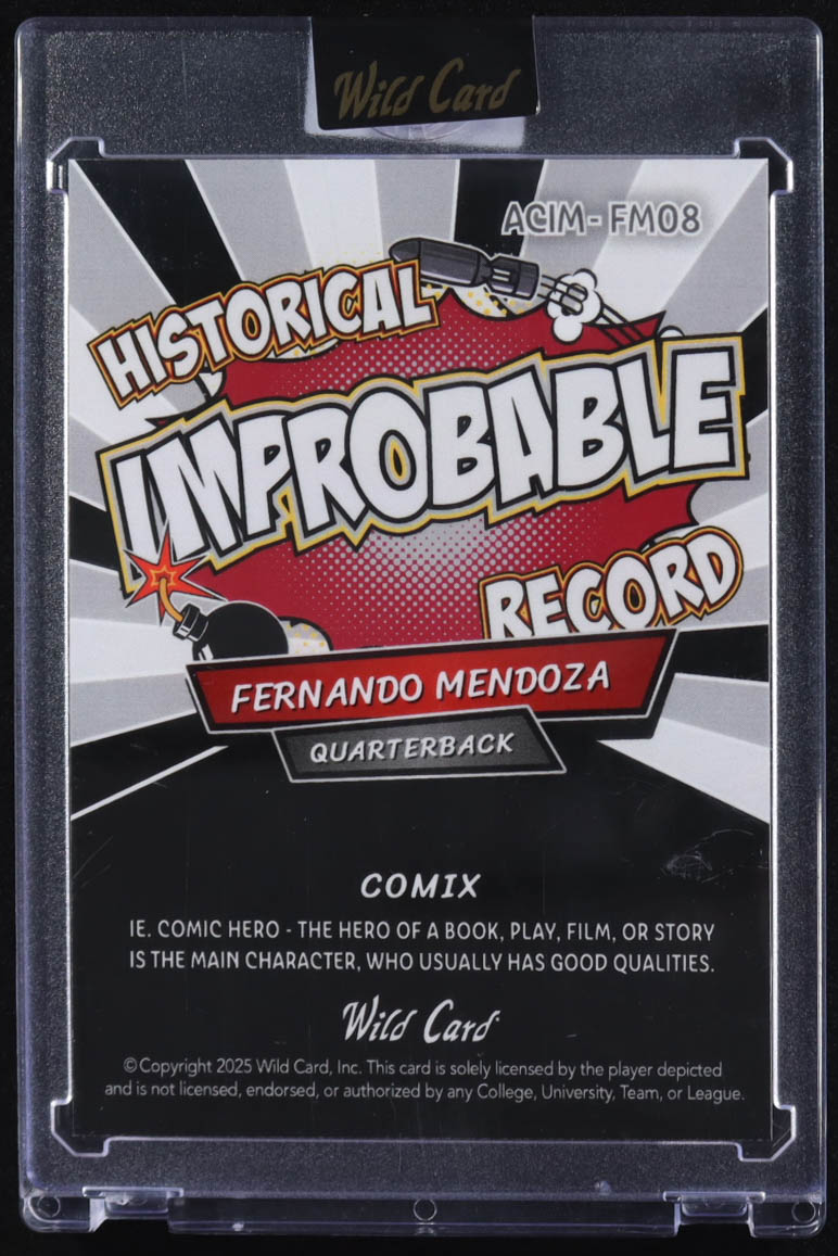Fernando Mendoza 2025 Wild Card Comix Improbable Record Disco #FM08 #1/1 RC at PristineAuction.com Fernando Mendoza 2025 Wild Card Comix Improbable Record Disco #FM08 #1/1 RC at PristineAuction.com