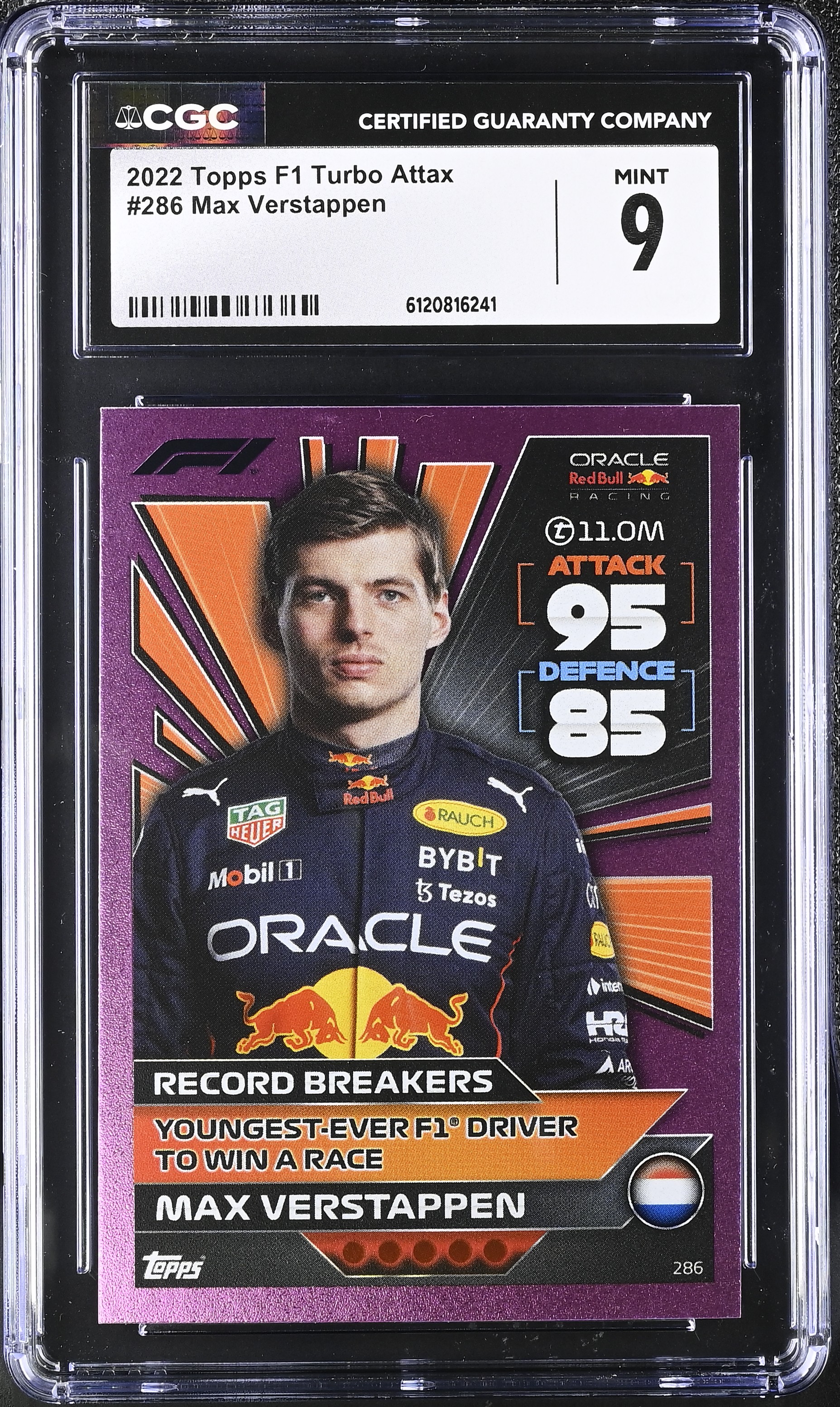 Max Verstappen 2022 Topps Formula 1 Turbo Attax Mirror Pink Record Breakers #286 (CGC 9) at PristineAuction.com Max Verstappen 2022 Topps Formula 1 Turbo Attax Mirror Pink Record Breakers #286 (CGC 9) at PristineAuction.com