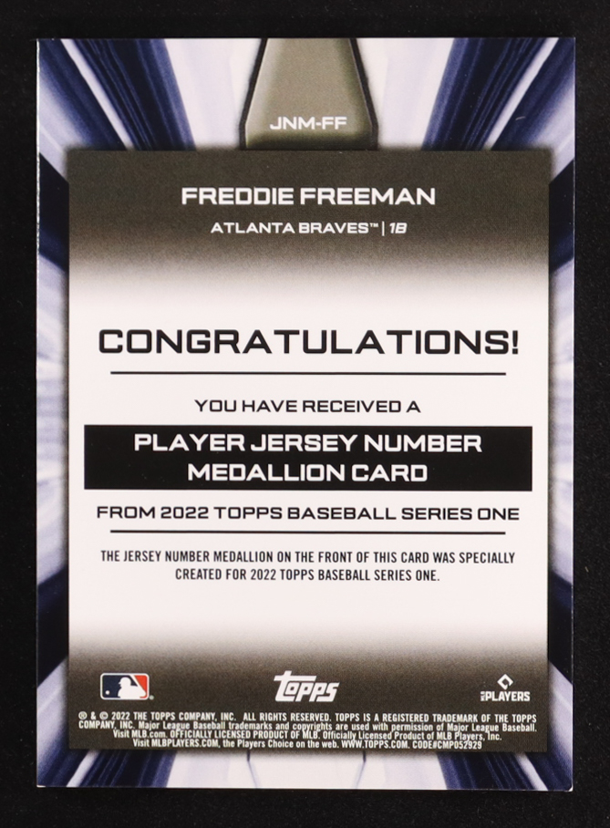 Freddie Freeman 2022 Topps Commemorative Player Jersey Number Medallions #JNMFF at PristineAuction.com Freddie Freeman 2022 Topps Commemorative Player Jersey Number Medallions #JNMFF at PristineAuction.com