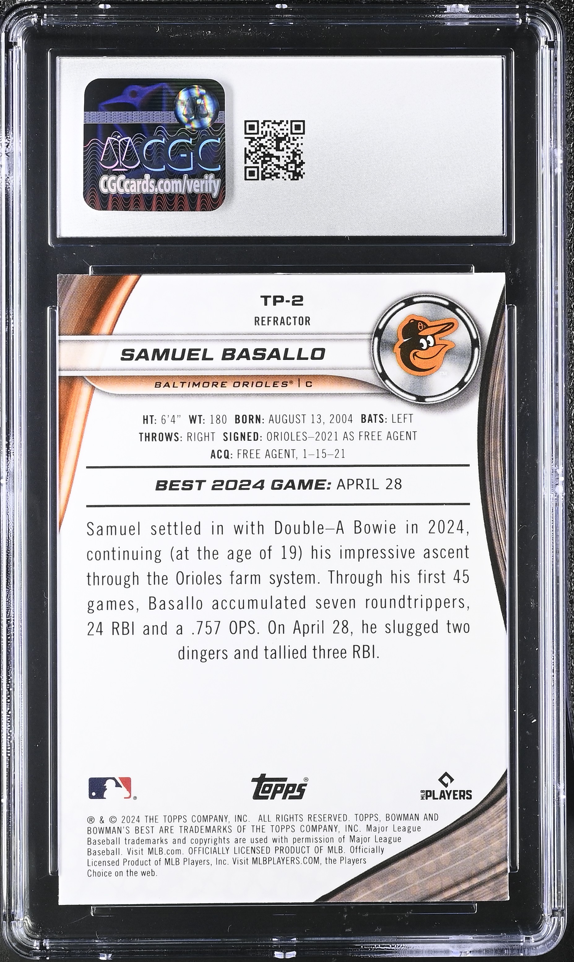 Samuel Basallo 2024 Bowman's Best Top Prospects Refractors #TP2 RC (CGC 10) at PristineAuction.com Samuel Basallo 2024 Bowman's Best Top Prospects Refractors #TP2 RC (CGC 10) at PristineAuction.com