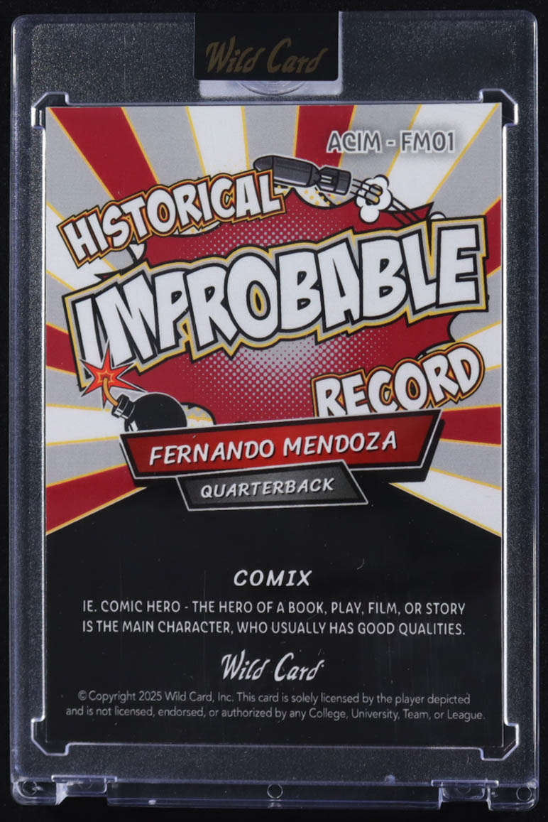 Fernando Mendoza 2025 Wild Card Comix Improbable Record Cracked Ice #FM01 #1/1 RC at PristineAuction.com Fernando Mendoza 2025 Wild Card Comix Improbable Record Cracked Ice #FM01 #1/1 RC at PristineAuction.com
