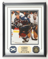 Joe Sakic LE Custom Framed Game-Used Net Piece Display With 24kt Gold Overlay Medalion (Highland Mint) at PristineAuction.com