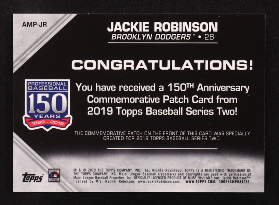 Jackie Robinson 2019 Topps 150th Anniversary Manufactured Patches #AMPJR at PristineAuction.com Jackie Robinson 2019 Topps 150th Anniversary Manufactured Patches #AMPJR at PristineAuction.com