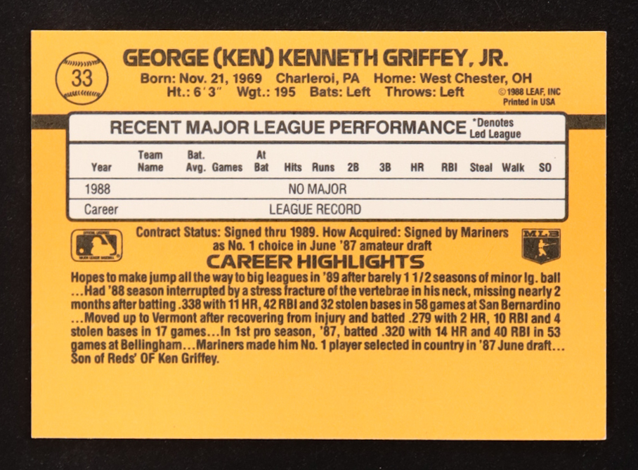 Ken Griffey Jr. 1989 Donruss #33 RR RC at PristineAuction.com Ken Griffey Jr. 1989 Donruss #33 RR RC at PristineAuction.com