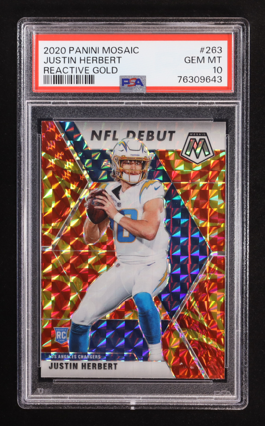 Justin Herbert 2020 Panini Mosaic Mosaic Reactive Gold DEB #263 RC (PSA 10) at PristineAuction.com Justin Herbert 2020 Panini Mosaic Mosaic Reactive Gold DEB #263 RC (PSA 10) at PristineAuction.com