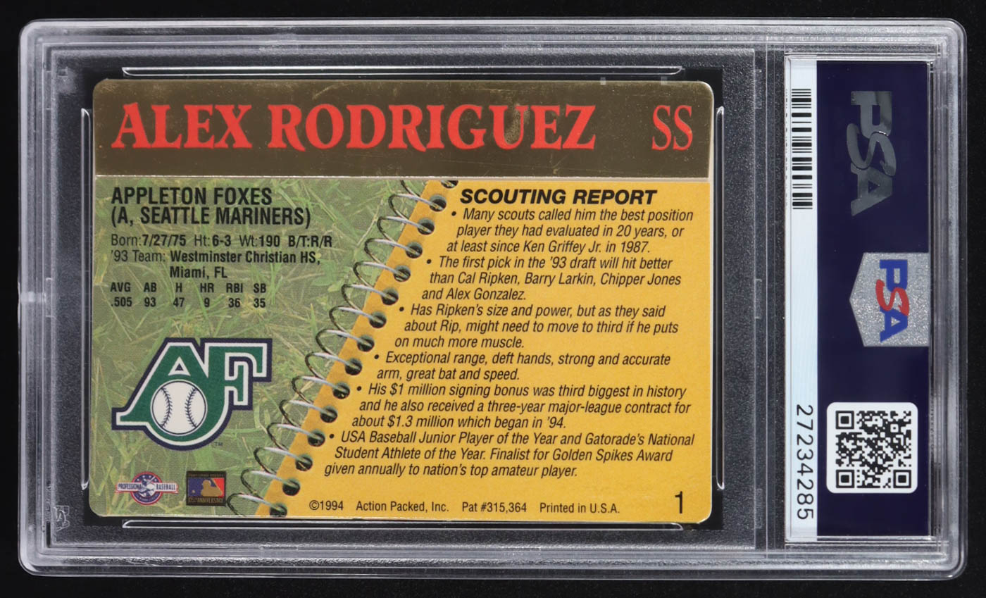 Alex Rodriguez 1994 Action Packed #1 RC (PSA 7) at PristineAuction.com Alex Rodriguez 1994 Action Packed #1 RC (PSA 7) at PristineAuction.com