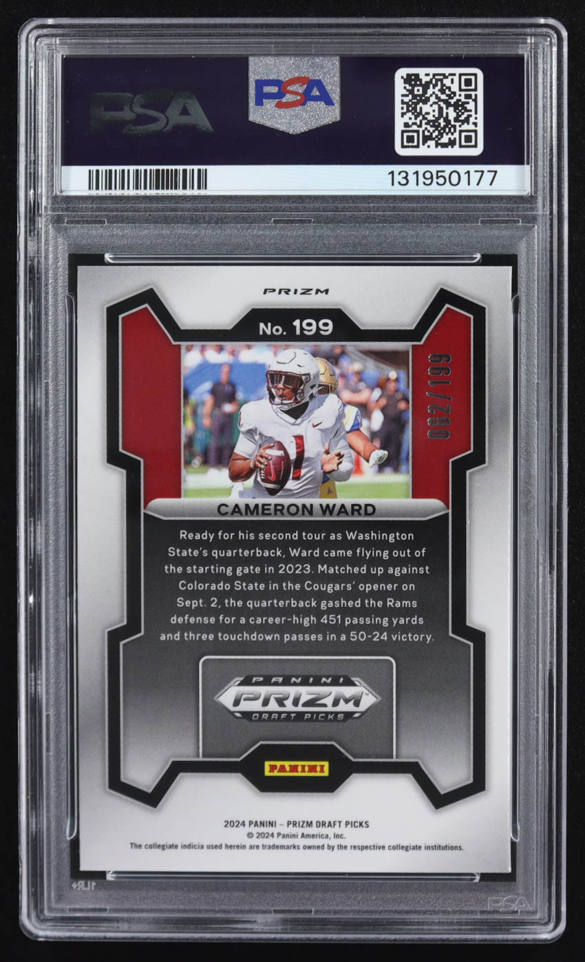 Cameron Ward 2024 Panini Prizm Draft Picks Prizms Blue #199 RC #62/199 (PSA 9) at PristineAuction.com Cameron Ward 2024 Panini Prizm Draft Picks Prizms Blue #199 RC #62/199 (PSA 9) at PristineAuction.com