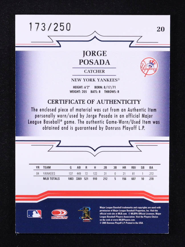 Jorge Posada 2005 Throwback Threads Material Jersey #20 #173/250 at PristineAuction.com Jorge Posada 2005 Throwback Threads Material Jersey #20 #173/250 at PristineAuction.com