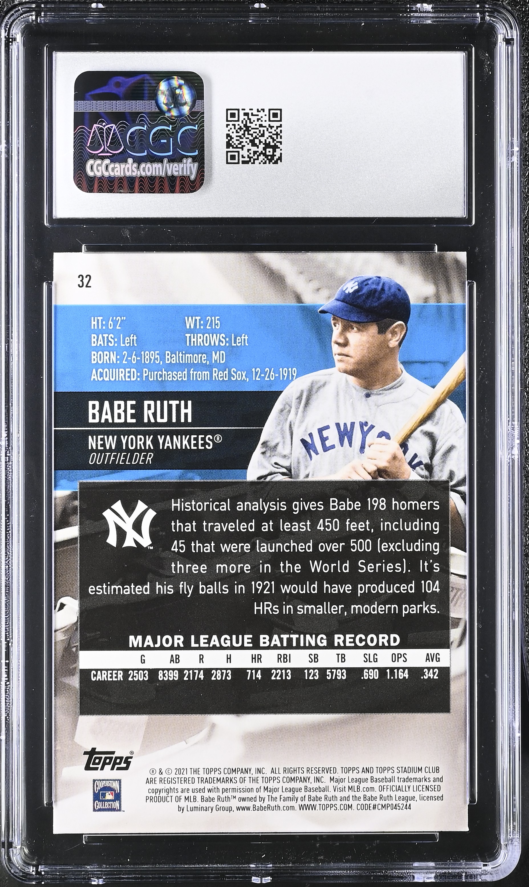 Babe Ruth 2021 Stadium Club Black Foil #32 (CGC 10) at PristineAuction.com Babe Ruth 2021 Stadium Club Black Foil #32 (CGC 10) at PristineAuction.com