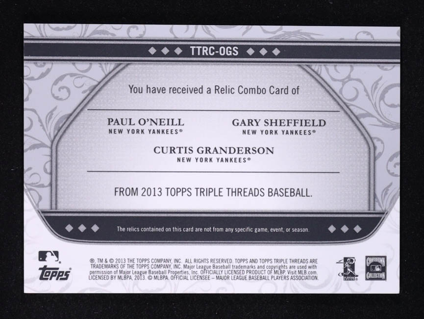 Paul O'Neill / Gary Sheffield / Curtis Granderson 2013 Topps Triple Threads Relic Combos #OGS #27/36 at PristineAuction.com Paul O'Neill / Gary Sheffield / Curtis Granderson 2013 Topps Triple Threads Relic Combos #OGS #27/36 at PristineAuction.com