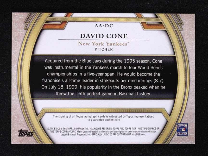 David Cone 2015 Topps Tier One Acclaimed Autographs #AADC #072/299 at PristineAuction.com David Cone 2015 Topps Tier One Acclaimed Autographs #AADC #072/299 at PristineAuction.com