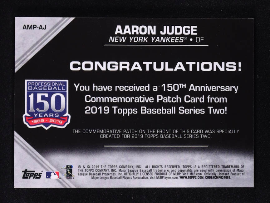 Aaron Judge 2019 Topps 150th Anniversary Manufactured Patches #AMPAJ S2 at PristineAuction.com Aaron Judge 2019 Topps 150th Anniversary Manufactured Patches #AMPAJ S2 at PristineAuction.com