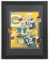 Bart Starr, Brett Farve, & Aaron Rodgers Packers Custom Framed Art Print Display with (3) Super Bowl Pins at PristineAuction.com