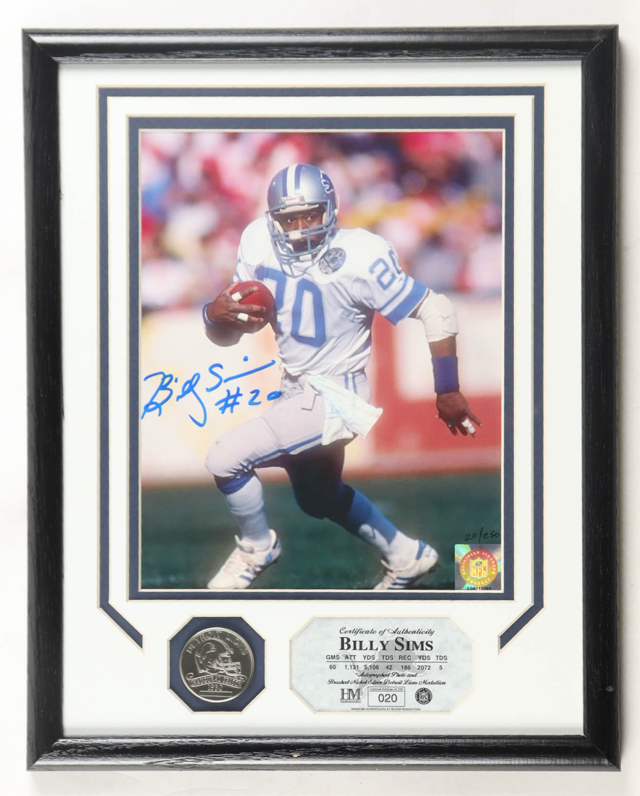 Billy Sims Signed LE Lions Custom Framed Photo Display With Brushed Nickel Silver Medallion (Highland Mint) at PristineAuction.com Billy Sims Signed LE Lions Custom Framed Photo Display With Brushed Nickel Silver Medallion (Highland Mint) at PristineAuction.com