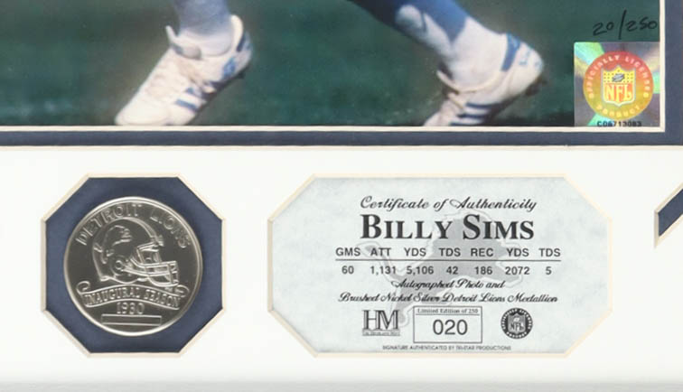 Billy Sims Signed LE Lions Custom Framed Photo Display With Brushed Nickel Silver Medallion (Highland Mint) at PristineAuction.com Billy Sims Signed LE Lions Custom Framed Photo Display With Brushed Nickel Silver Medallion (Highland Mint) at PristineAuction.com