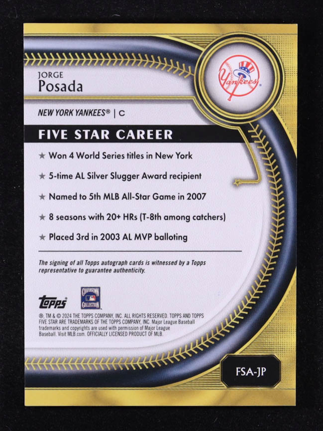 Jorge Posada 2024 Topps Five Star Autographs Aqua #FSAJP #71/75 at PristineAuction.com Jorge Posada 2024 Topps Five Star Autographs Aqua #FSAJP #71/75 at PristineAuction.com