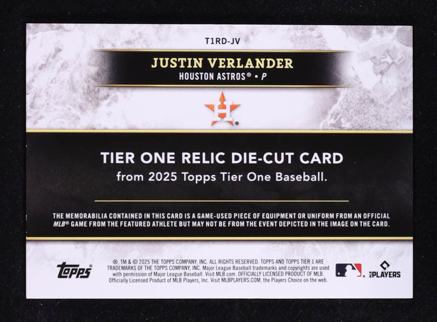 Justin Verlander 2025 Topps Tier One Relics Die Cut #T1RDJV #174/199 at PristineAuction.com Justin Verlander 2025 Topps Tier One Relics Die Cut #T1RDJV #174/199 at PristineAuction.com