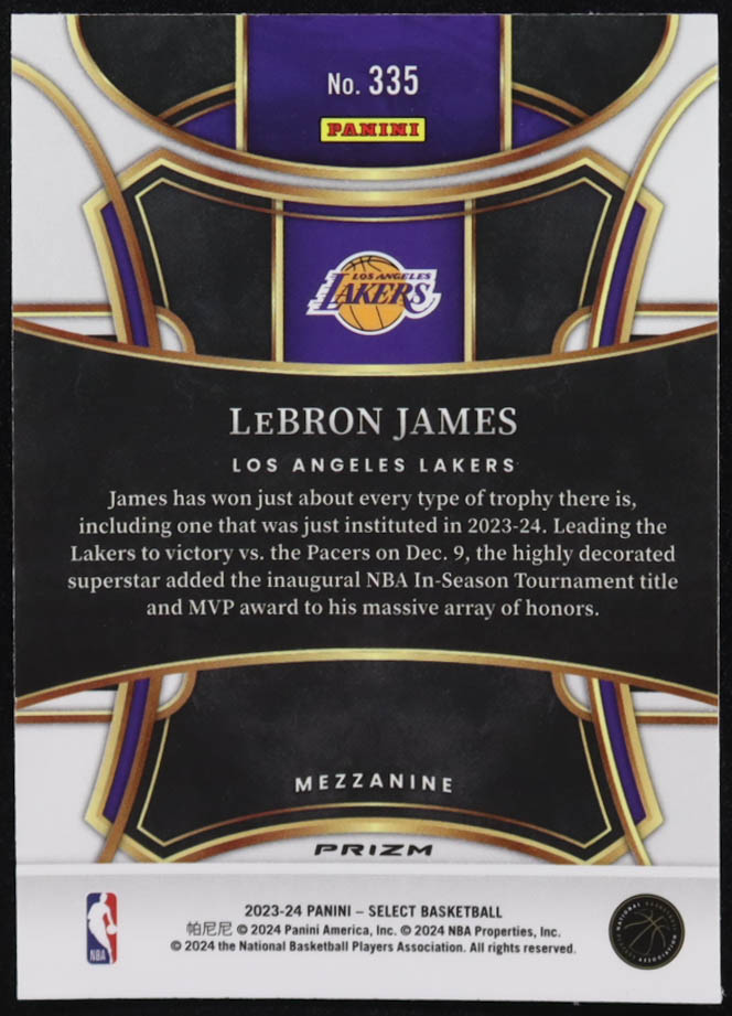 Lebron James 2023-24 Panini Select Mezzanine Tiger Stripes Prizm #335 at PristineAuction.com Lebron James 2023-24 Panini Select Mezzanine Tiger Stripes Prizm #335 at PristineAuction.com