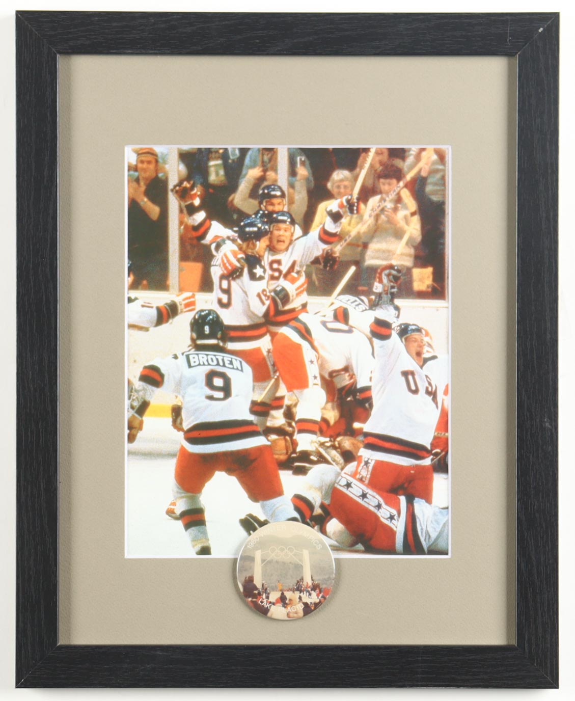 "The Miracle on Ice Team USA" Custom Framed Photo Display with 1980 USA Olympic Winner Lapel Pin at PristineAuction.com "The Miracle on Ice Team USA" Custom Framed Photo Display with 1980 USA Olympic Winner Lapel Pin at PristineAuction.com