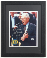 John Wooden Signed UCLA Custom Framed Photo Display Inscribed "Best Wishes" with 1967 UCLA Lapel Pin (PSA) at PristineAuction.com