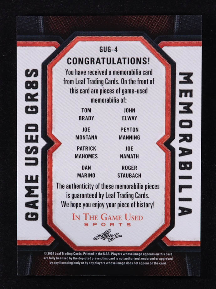 2024 Leaf ITG Used Sports Game Used Gr8s Rainbow Crystal #GUG4 Tom Brady / John Elway / Joe Montana / Peyton Manning / Patrick Mahomes / Joe Namath / Dan Marino / Roger Staubach #11/25 at PristineAuction.com 2024 Leaf ITG Used Sports Game Used Gr8s Rainbow Crystal #GUG4 Tom Brady / John Elway / Joe Montana / Peyton Manning / Patrick Mahomes / Joe Namath / Dan Marino / Roger Staubach #11/25 at PristineAuction.com
