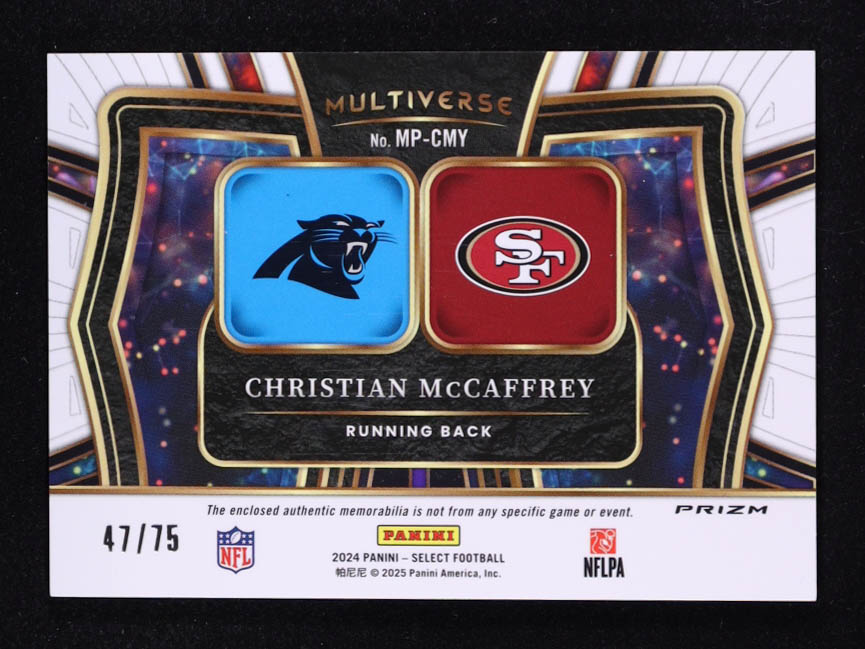 Christian McCaffrey 2024 Select Multiverse Dual Jerseys Prizm White #15 #47/75 at PristineAuction.com Christian McCaffrey 2024 Select Multiverse Dual Jerseys Prizm White #15 #47/75 at PristineAuction.com
