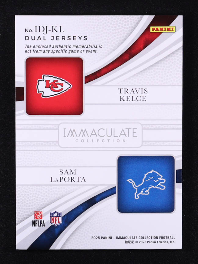Travis Kelce / Sam LaPorta 2025 Immaculate Collection Immaculate Dual Jerseys #17 #18/49 at PristineAuction.com Travis Kelce / Sam LaPorta 2025 Immaculate Collection Immaculate Dual Jerseys #17 #18/49 at PristineAuction.com