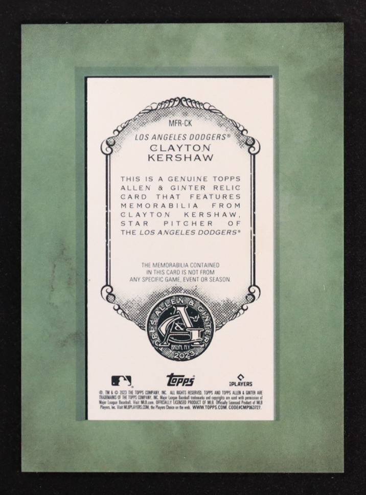 Clayton Kershaw 2023 Topps Allen & Ginter Game-Used Memorabilia Mini Framed Relic #MFR-CK at PristineAuction.com Clayton Kershaw 2023 Topps Allen & Ginter Game-Used Memorabilia Mini Framed Relic #MFR-CK at PristineAuction.com