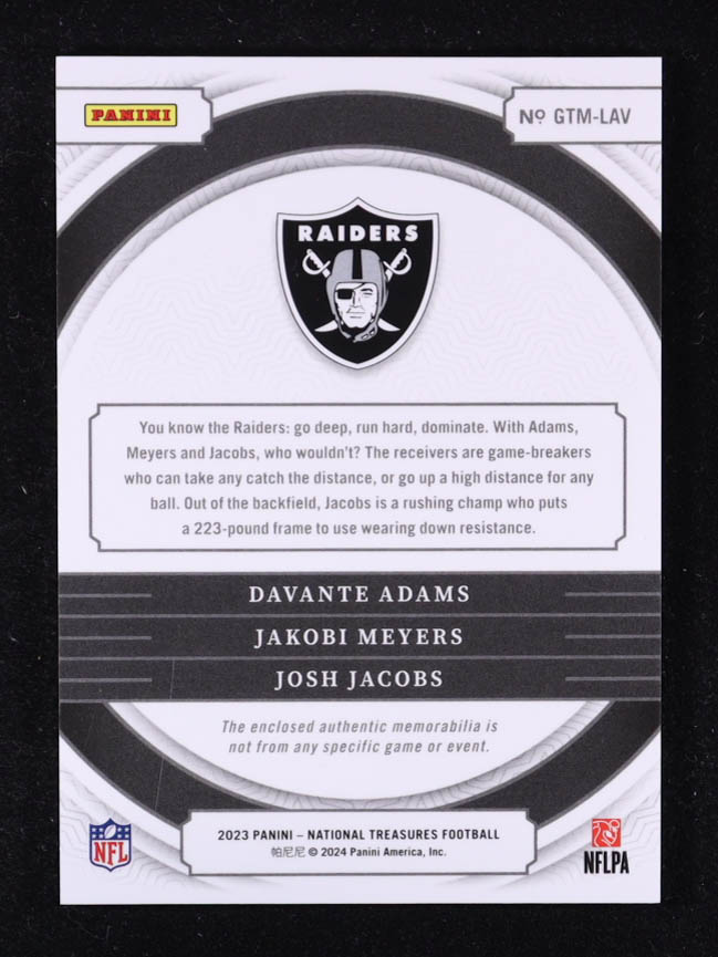 Davante Adams / Jakobi Meyers / Josh Jacobs 2023 Panini National Treasures NFL Gear Trio Materials Holo Silver #10 #21/25 at PristineAuction.com Davante Adams / Jakobi Meyers / Josh Jacobs 2023 Panini National Treasures NFL Gear Trio Materials Holo Silver #10 #21/25 at PristineAuction.com