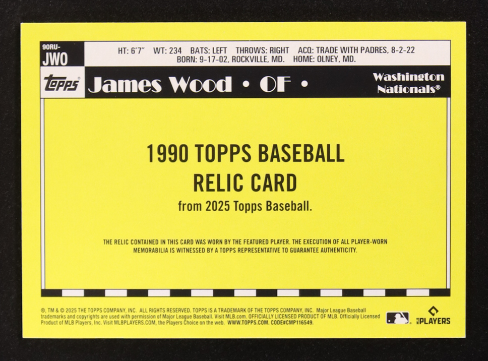James Wood 2025 Topps 1990 Topps Baseball Relic 35th Anniversary #90RU-JW0 RC at PristineAuction.com James Wood 2025 Topps 1990 Topps Baseball Relic 35th Anniversary #90RU-JW0 RC at PristineAuction.com