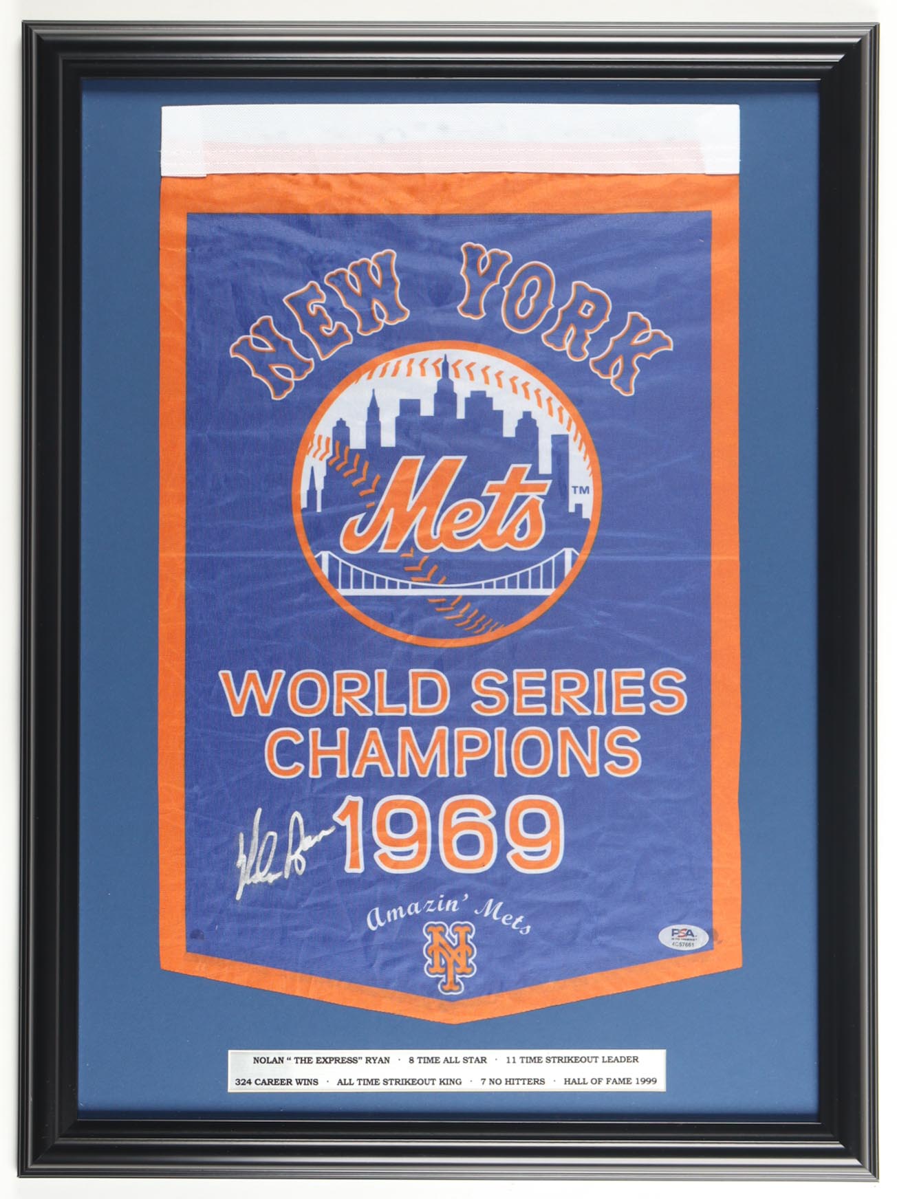 Nolan Ryan Signed 1969 New York Mets World Series Champions Custom Framed Banner Display (PSA) at PristineAuction.com Nolan Ryan Signed 1969 New York Mets World Series Champions Custom Framed Banner Display (PSA) at PristineAuction.com
