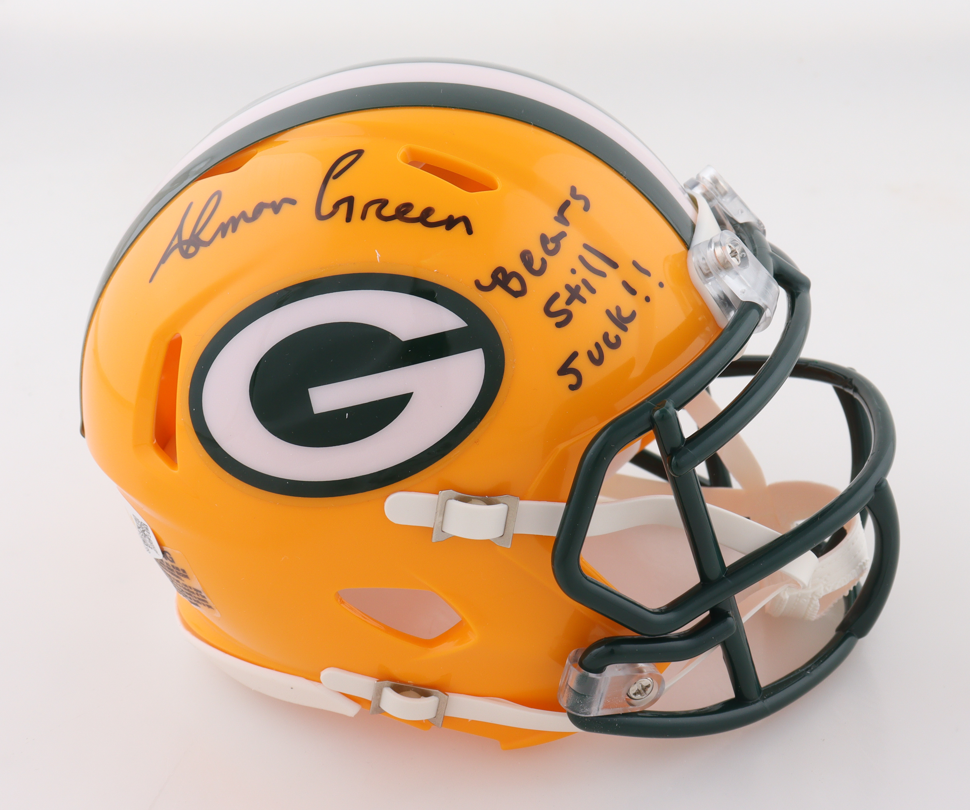Ahman Green Signed Packers Speed Mini Helmet Inscribed "Bears Still Suck!!" (JSA) at PristineAuction.com Ahman Green Signed Packers Speed Mini Helmet Inscribed "Bears Still Suck!!" (JSA) at PristineAuction.com